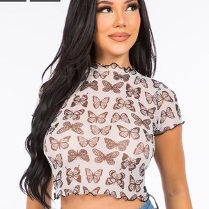 Butterfly Mesh Mock Neck Shirt